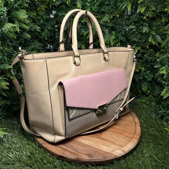 TORY BURCH HANDBAG T Lock E/W Tote Beige Pink Color Block And Clutch‎ Purse - Picture 4 of 16
